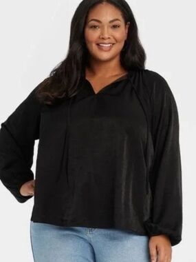 Ava & Viv Women’s Black Balloon LS Tie Front ,Split Neck Blouse Sz 2X NWT